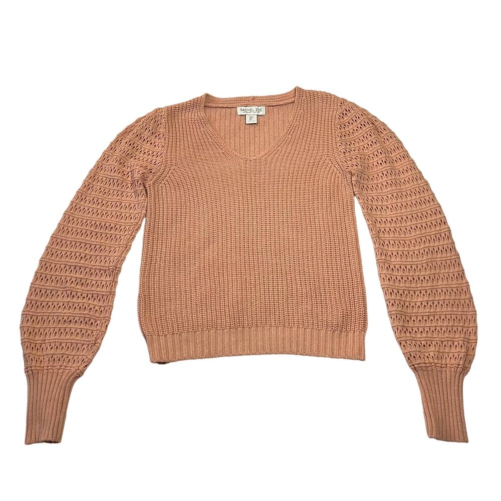 Rachel Zoe V-Neck Pointelle Sleeve Cable Knit Sweater Size Small Cottagecore